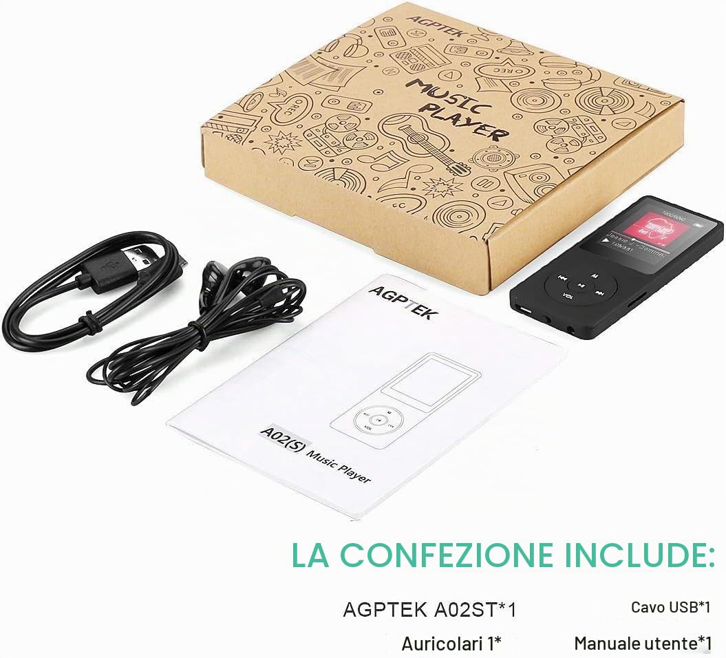 AGPTEK Lettore MP3 16GB Lettore MP3 Portatile con Schermo 1,8 Pollici