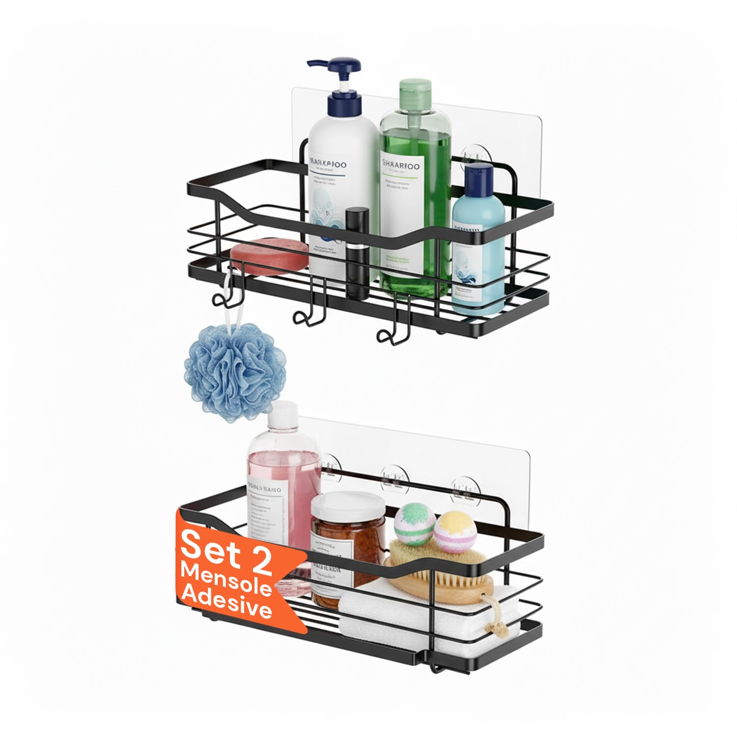 Avilia - Set of 2 Black Chrome Steel Shelves - Bathroom and Kitchen Wall Organizer, Integrated Hooks - Strong Adhesive Fixing Without Holes - Modern Space-Saving for Shampoo or Spices