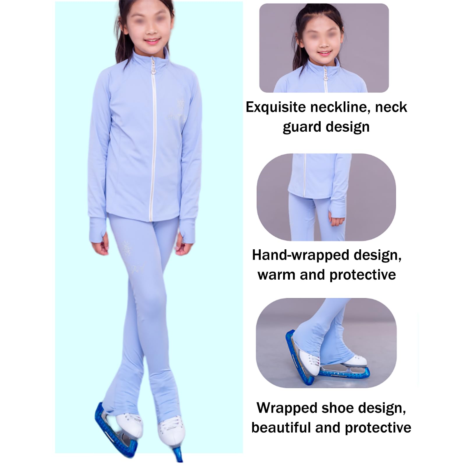 Niñas Conjunto de Chaqueta y Pantalones de Práctica Patinaje sobre Hielo, Trajes de Competición Entrenamiento Patinaje Artístico con Diamantes de Imitación(Size:L,Color:Azul)