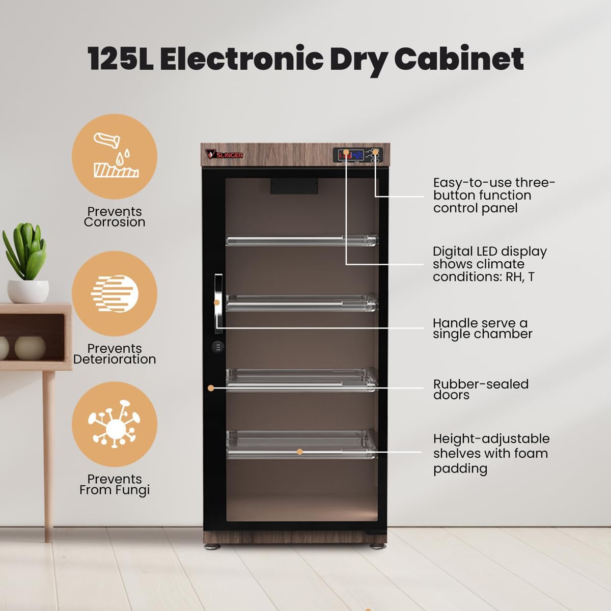 SLINGER 125L Electronic Dry Cabinet with Combination Lock (Oak) – Humidity Controlled Camera Storage, LED Display, Adjustable Shelves for Cameras, Lenses & Electronics