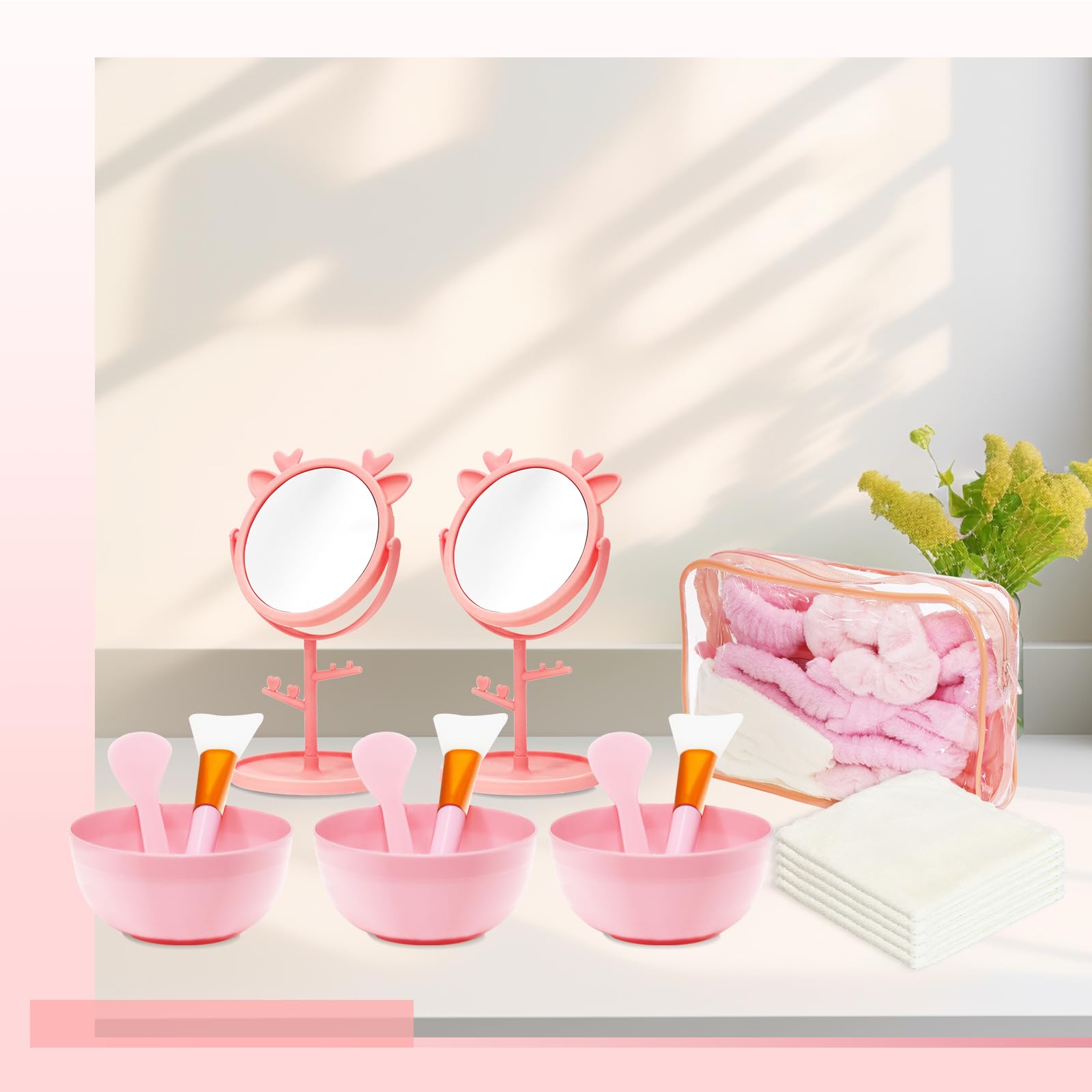 Lot de 6 Kits Spa Rose, 48 Accessoires Beauté pour Soirée Pyjama Fille | 6 Trousses, 6 Bols, 6 Pinceaux, 6 Spatules, 6 Miroirs, 6 Bandeaux, 6 Chouchous et 6 Serviettes pour Anniversaires et Cadeaux