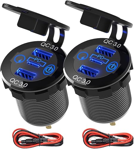 2 paquetes de cargador de coche PD tipo C y doble carga rápida de 30 puertos de aluminio 60 W USB C triple 12 V USB cargador de coche de aluminio