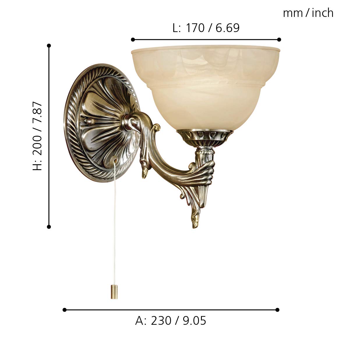 Eglo Marbella Wandlamp,1-lamps, vintage, rustiek, wandlamp binnen, gegoten metaal, albastglas, woonkamerlamp, hallamp, gepolijst, champagne-kleur, lamp met trekschakelaar, E14 fitting