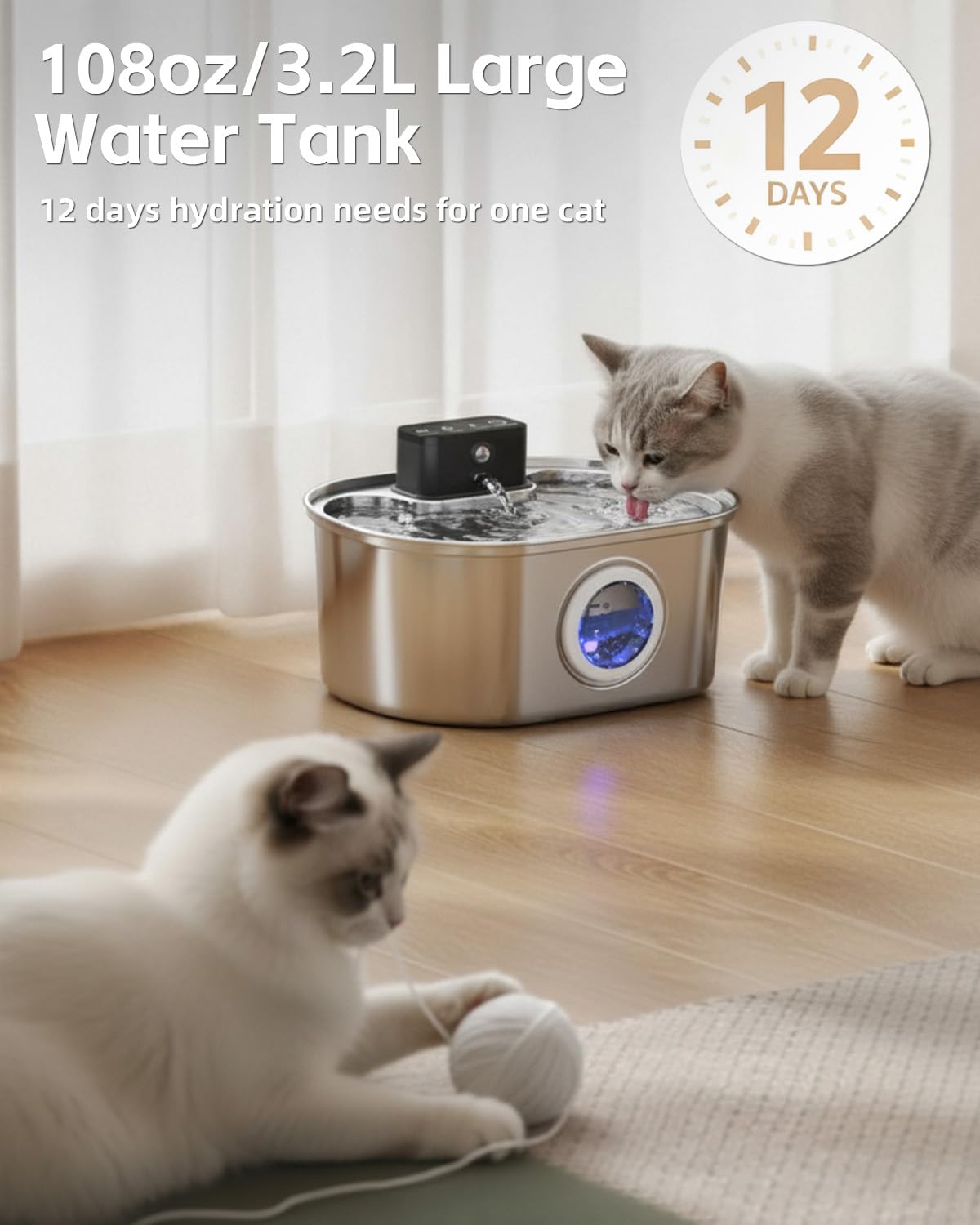 Cat Water Fountain Cordless, Stainless Steel Pet Water Fountain Wireless – 3.2L/108oz Battery Operated Automatic Water Dispenser for Cats Indoor, with Motion Sensor & Quiet Pump (4 Filter & Sponge) - image 3