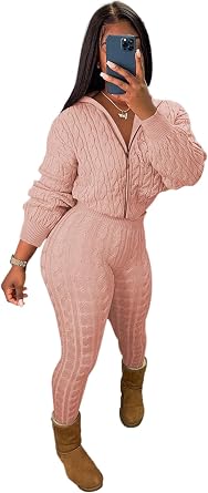 Nimsruc Knit Two Piece Outfits for Women Zipper Hoodie Sweater Lounge Set