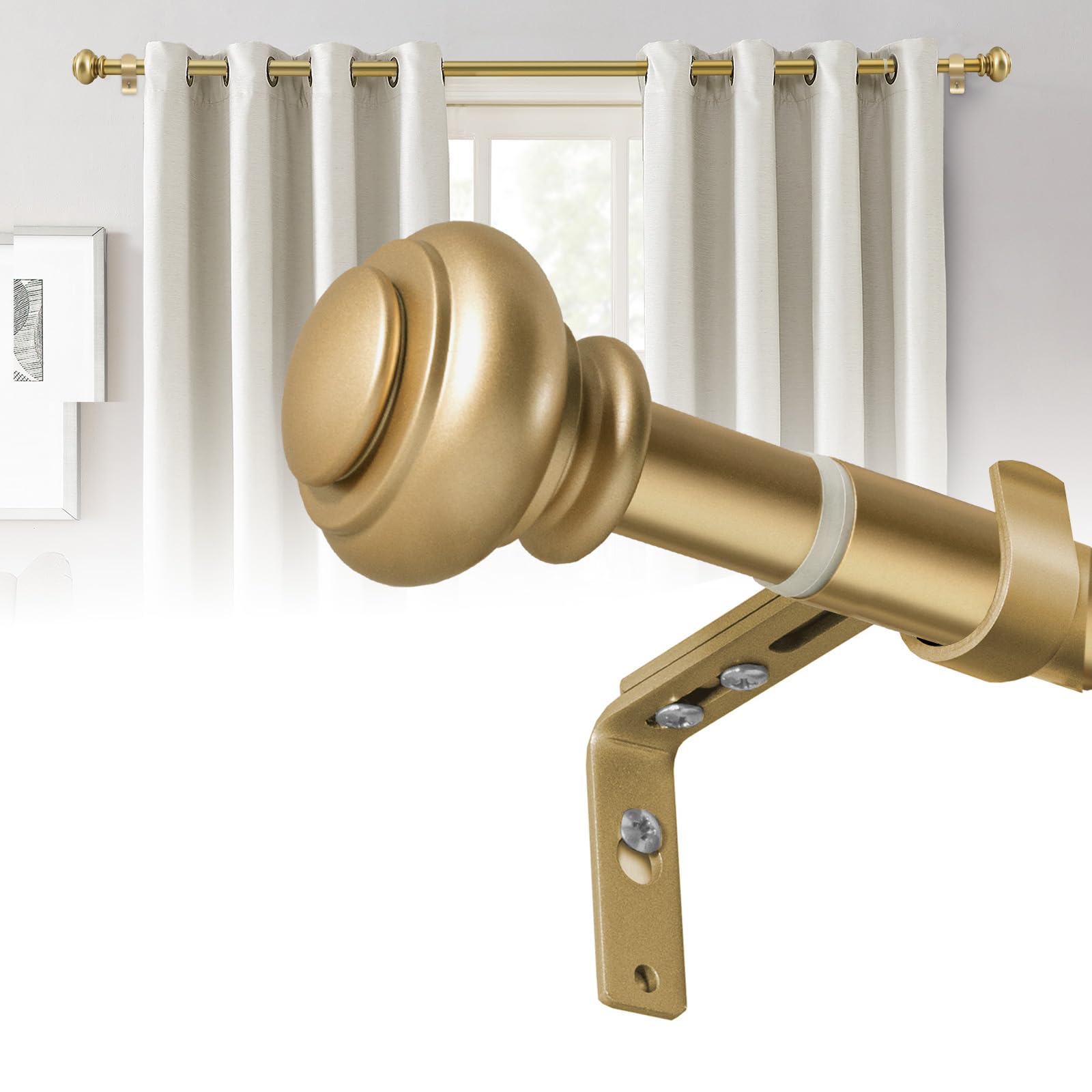 BellaHills 2 Stücks 76-190 cm Vorhangstange mit Kappenknäufen mit Halterungen, 25mm Durchmesser Gardinenstange Verstellbare Dekorative für Schlafzimmer, Wohnzimmer, Gold