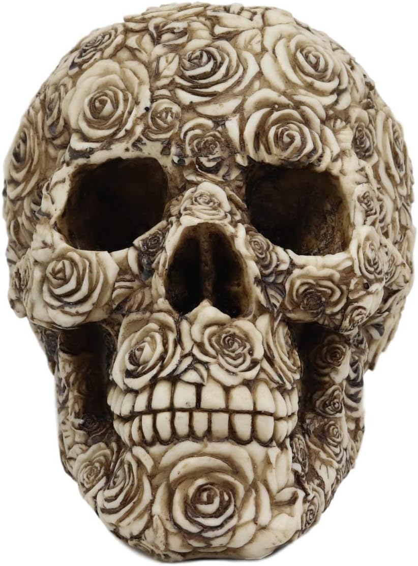 Ebros Day of The Dead Tooled Ornate Floral Skull Figurine DOD Rose Sugar Skulls Statue As Cranium Skeleton Head Halloween Ossuary Macabre Altar Decor Collectible