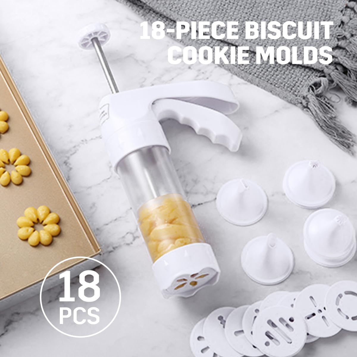 Kekspresspistole, Kekspressen-Set zum Backen, Keksdekorationsset mit 12 Plätzchenpressscheiben und 6 Kuchendekorations-Spritztüllen, Keksbereiter für Weihnachtsfeier
