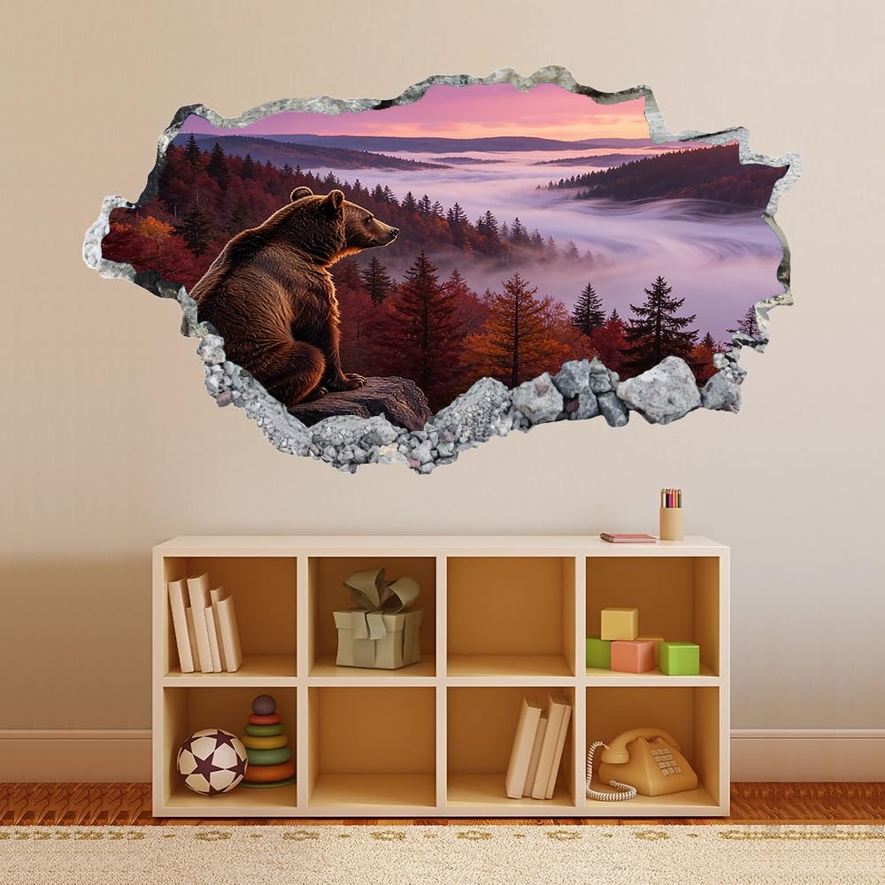3D Wandtattoos Durchbruch Wandbild Bären Kinderzimmer Aufkleber Wandaufkleber Baumnebel Herbst Natur Wandsticker für Kinderzimmer Junge Zimmer Wohnzimmer Schlafzimmer