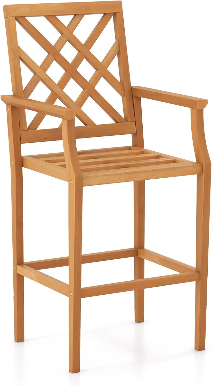 Tangkula Patio Teak Wood Bar Stool, Outdoor Counter Height Chair w/Ergonomic Backrest, Armrests & Footrest, Wooden Barstool for Backyard, Garden, Balcony, Poolside, Natural