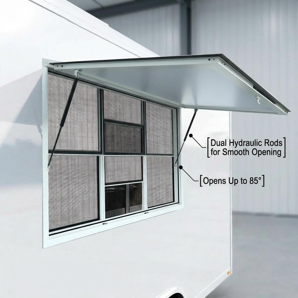 60"×36" Concession Window for Food Truck, Heavy-Duty Food Truck Window, 3 Sliding Panels & 85° Awning, Concession Stand Windows for Mobile Kitchens