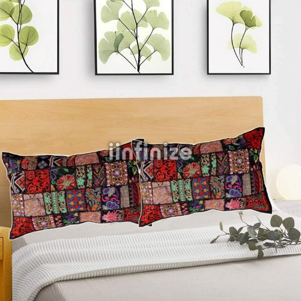 Cotton Embroidery 2 Pcs Set Banjara Cushion Cover Patahwork Khambadiya Rajasthani Pillow Cases for Home Decor for Sofa | Chair|Bench|Couch|Swing|Car Back Rest (16x24 in, Black)