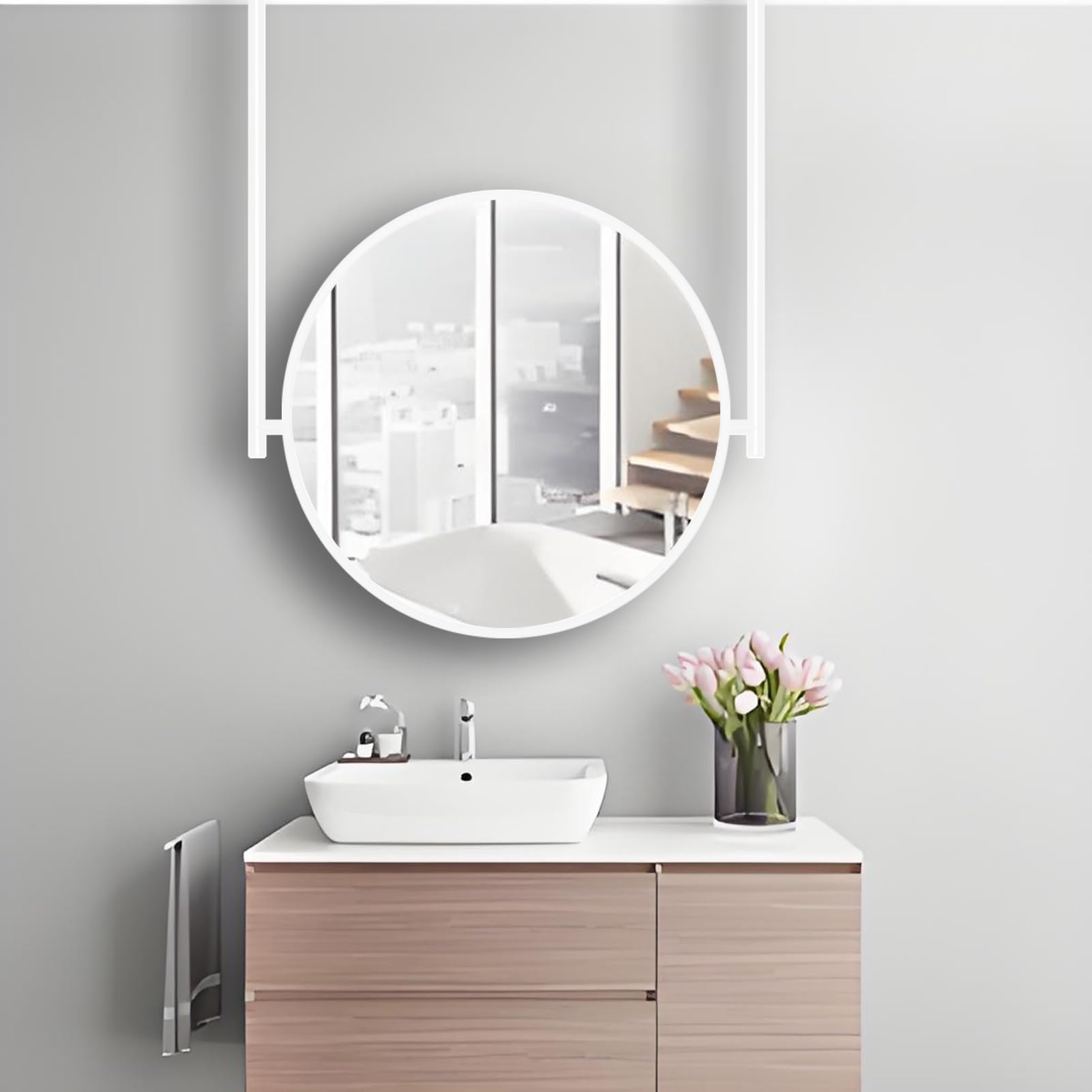 FGXHHS White Metal Framed Ceiling Hanging Mirrors, Round Bathroom Wall-Mounted Mirror, Customizable Rod Vanity Floating Makeup Shaving Mirror(Diameter-40CM/15.7INCH)