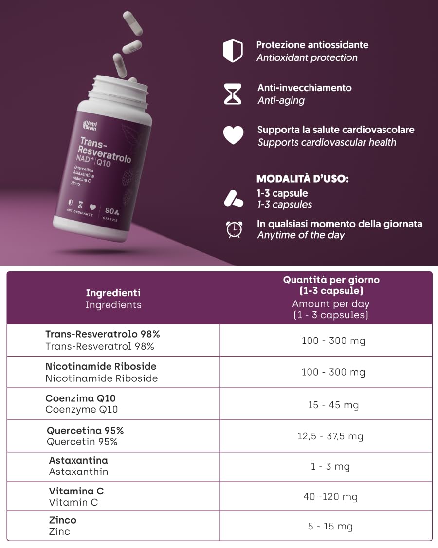 Trans-Resveratrolo, NAD⁺, Coenzima Q10, Quercetina, Astaxantina, Vitamina C e Zinco | Antiossidante, Anti-Età e Difese Immunitarie | 90 Capsule | Formula Avanzata con 7 Attivi Sinergici | 3 Mesi