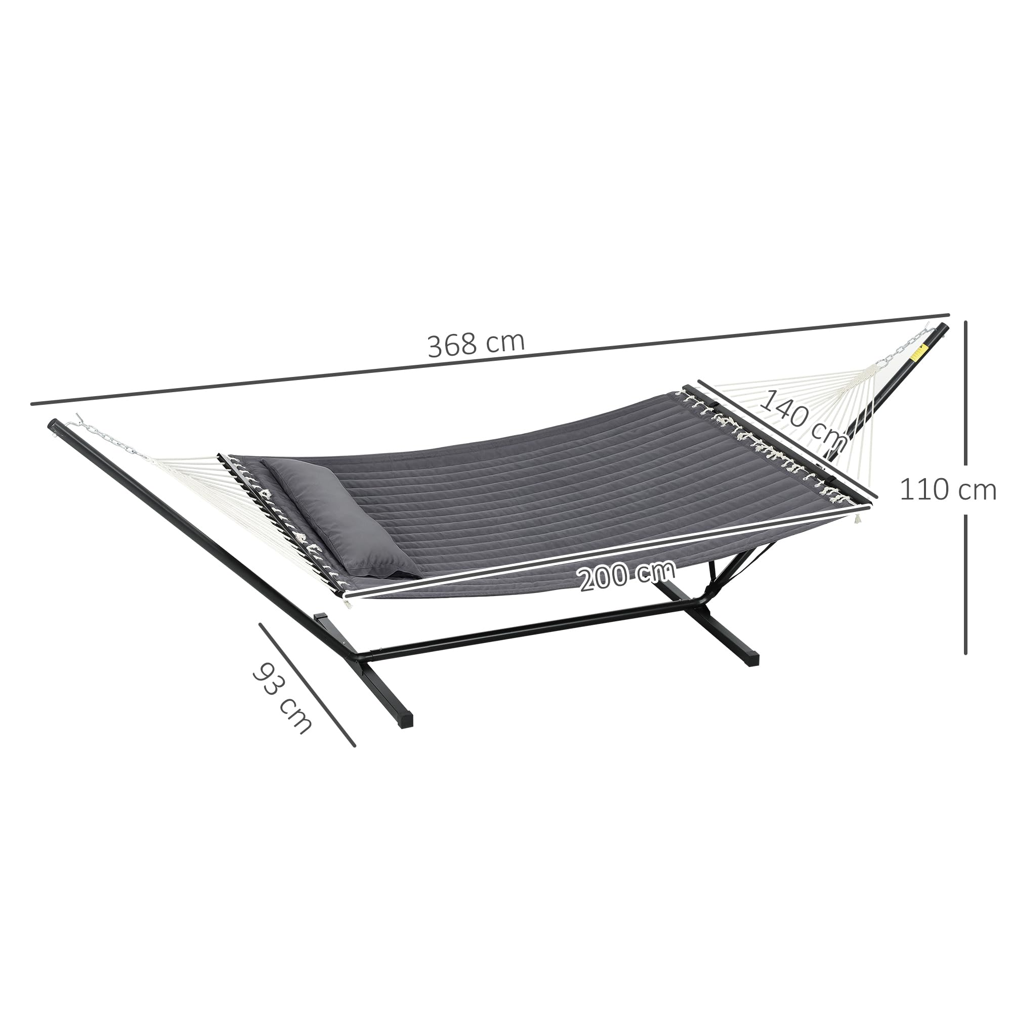 Outsunny Amaca da Giardino Portatile con Struttura, Cuscino Integrato e Corde di Sicurezza, Amaca Sospesa in Cotone, Poliestere e Acciaio, Portata Fino a 150 kg, 368x93x110 cm, Grigio Scuro