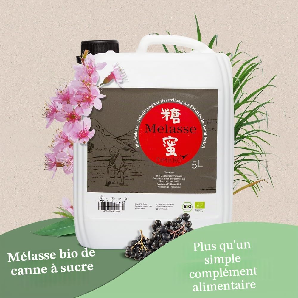 DIMIKRO Mélasse de canne à sucre fabriquée en Allemagne - Qualité biologique - Haute teneur en sucre pour la fabrication de micro-organismes actifs ou additifs alimentaires pour animaux (5 litres)