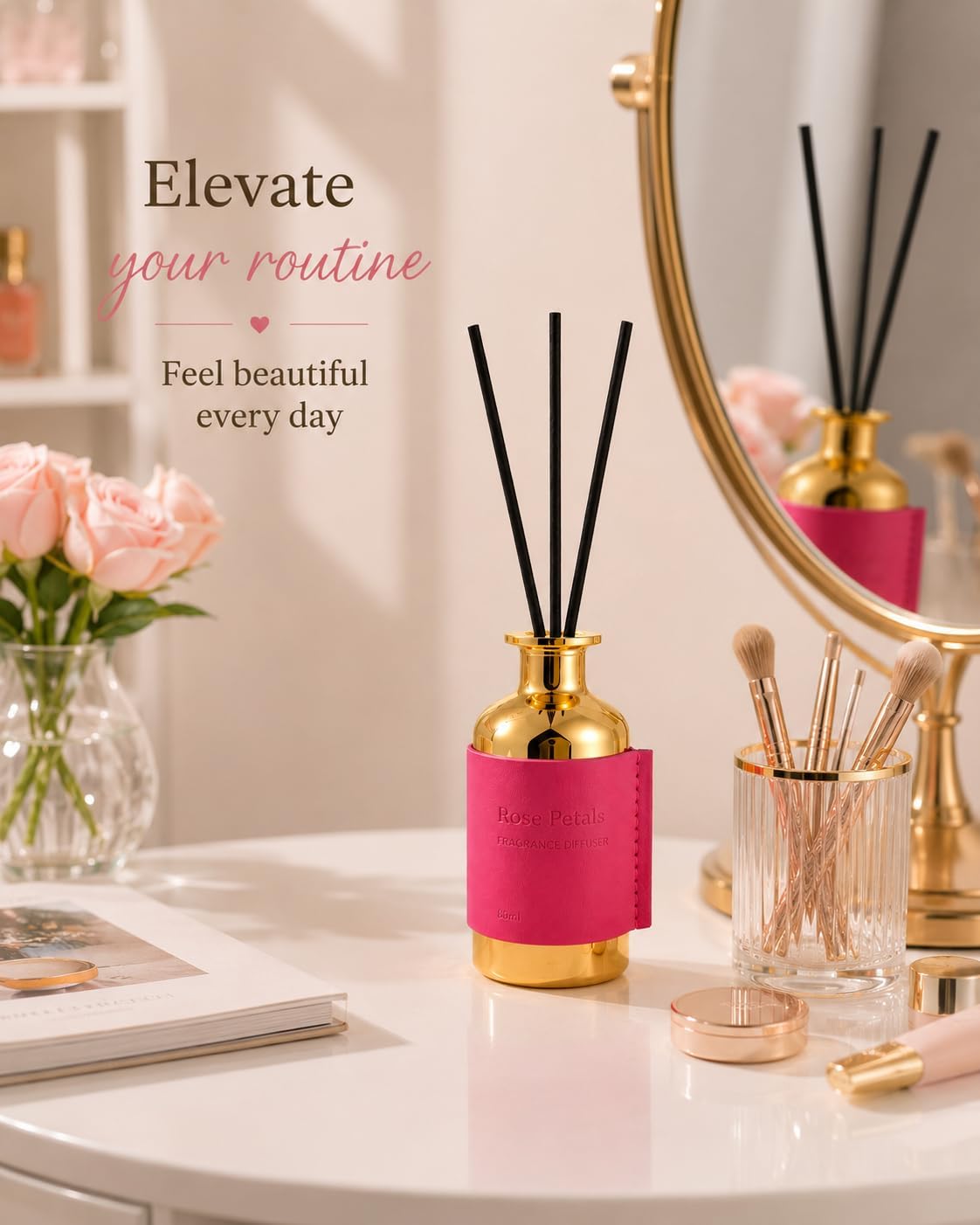 Reed Diffuser Set - Rose Petals, 2.7 fl oz (80 ml) Scented Oil Diffuser with Reed Sticks, Long Lasting Floral Home Fragrance for Bathroom Shelf Decor, Aromatherapy Gift for Women
