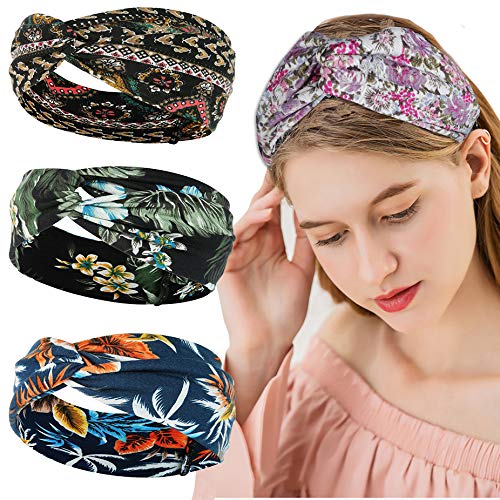 STSUNEU 3 Pieces Criss Cross Fabric Flower Headband for Long Hair, Flower Printing Stretchy Fabric Cloth Headbands Hair Accessories for Yoga, Running, Daily Wear