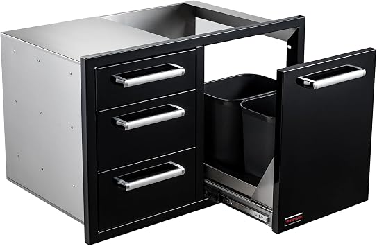 Outdoor Kitchen Drawers Combo Triple and Trash Drawer - BBQ Island Drawers with Trash Can17.5L*2,33"W x 22"H x 22"D Drawer Combo Glossy Black