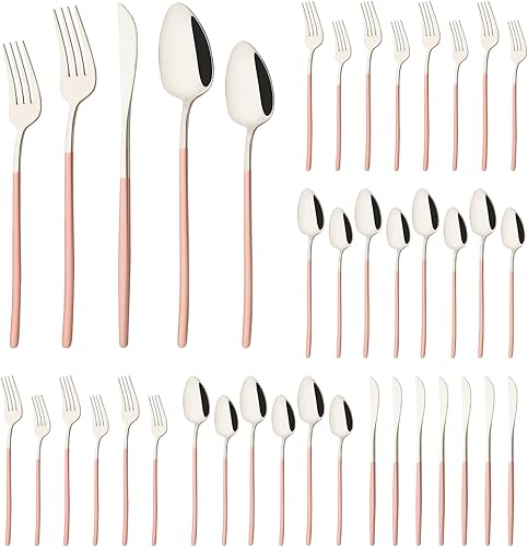 Miniatura 8 de Juego de cubiertos de plata y rojo brillante, 40 piezas para 8, juego de cubiertos de acero inoxidable 1810, vajilla pulida con espejo, incluye