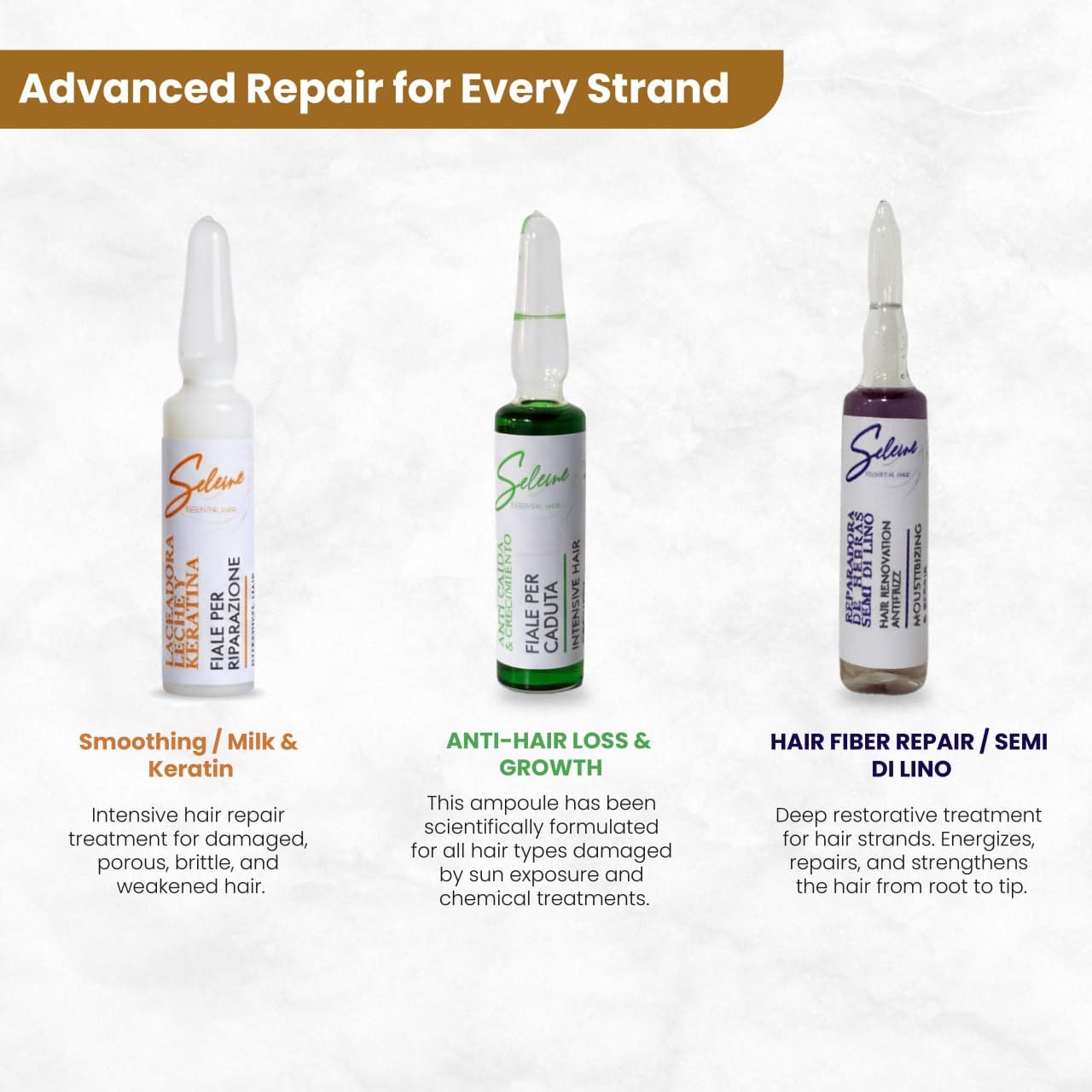 Amazon.com : Seleine Essential Hair  Hair Ampoules  Professional Hair  Repair Treatment for Damaged Hair, Hair Loss & Growth  Keratin, Semi Di  Lino & Milk Formulas  (12 x 0.4