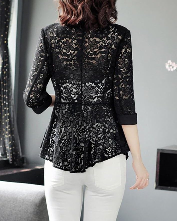 Women's Thin See Through Lace Hollow Stitching One Button Casual Suit Jacket3