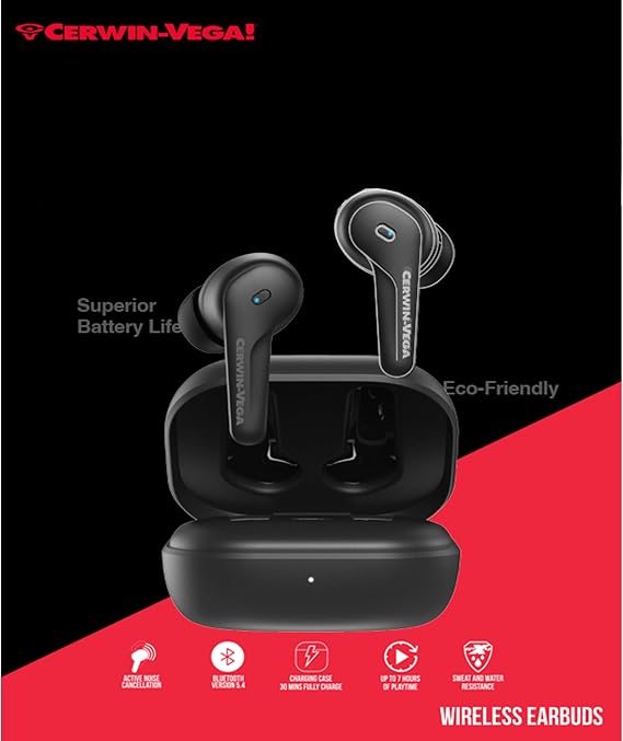 CERWIN-VEGA! Vega Earbuds - Immersive Sound with Active Noise Cancellation, Sweat & Waterproof Design, Seamless Bluetooth Connectivity - Best Earbuds for Gaming, Workout, Running, Sports - EB1