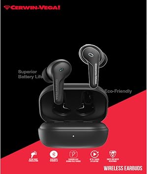 CERWIN-VEGA! Vega Earbuds - Immersive Sound with Active Noise Cancellation, Sweat & Waterproof Design, Seamless Bluetooth Connectivity - Best Earbuds for Gaming, Workout, Running, Sports - EB1