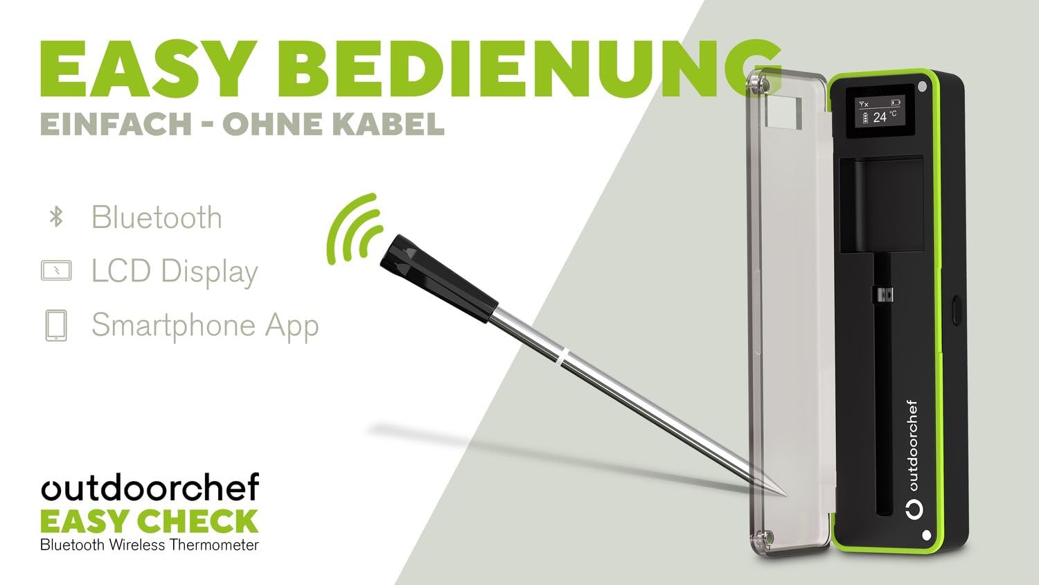 Outdoorchef Easy Check Single Bluetooth - Termometro per barbecue senza fili con app, 1 sonda, portata 200 m, lavabile in lavastoviglie, per barbecue, barbecue e affumicatore