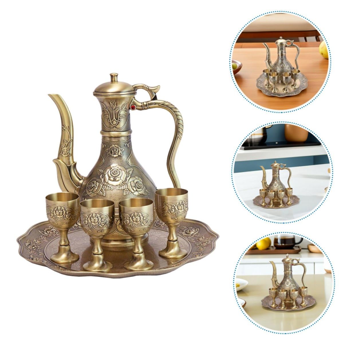 Vino Vintage in Metallo Bronzo Antico con Caraffa Bicchieri e Vassoio Resistente Design Inciso Floreale per Casa Bar Feste ed Eventi Eleganti