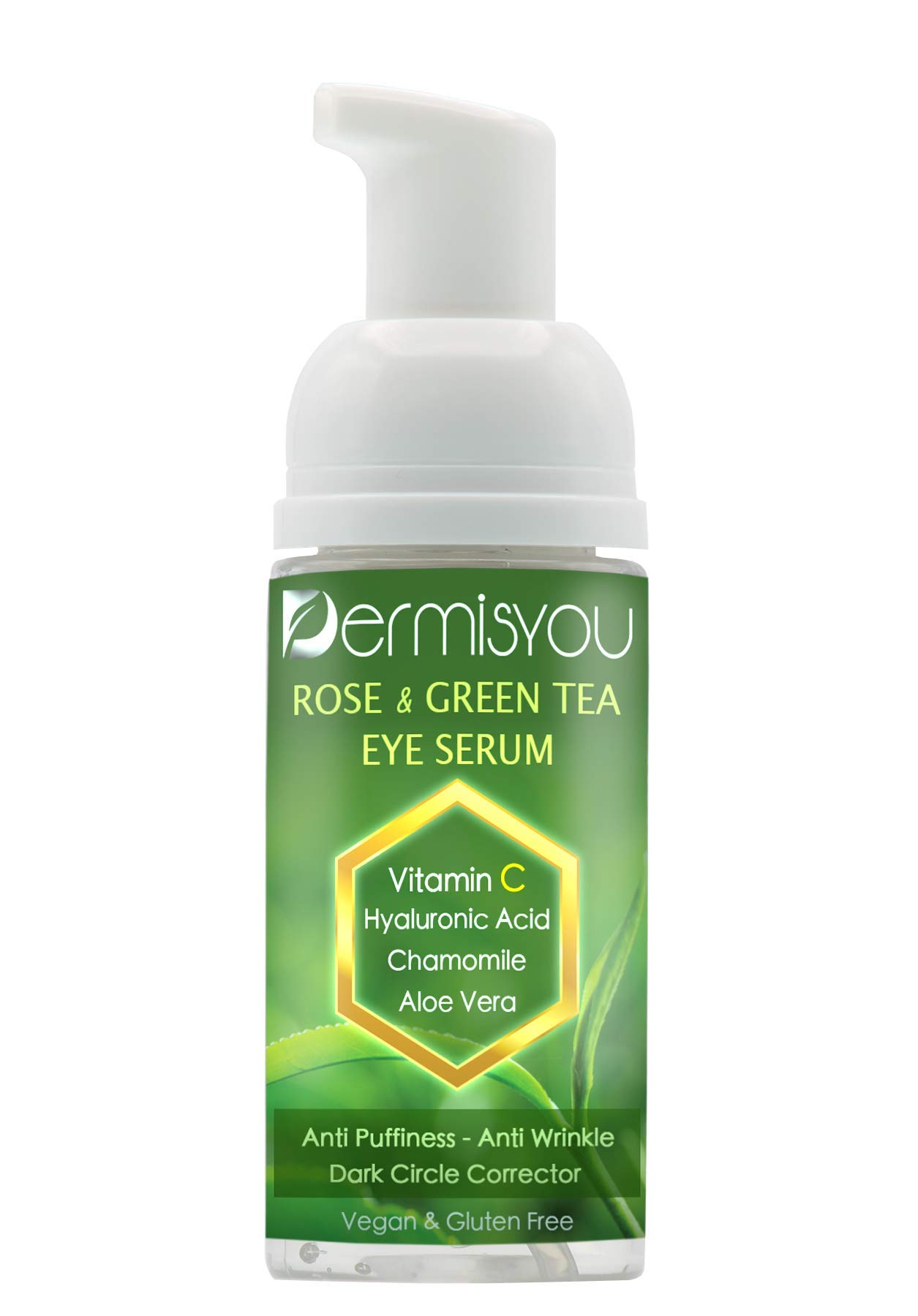 DermisyouEye Serum Anti Aging Rose and Green Tea 1.33 OZ with Hyaluronic Acid, Vitamin C and E Anti Puffiness, Anti Wrinkle, Dark Circles Made In USA