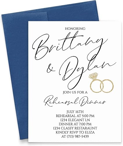 Elegant Rehearsal Dinner Invitation Personalized, Set of Rings with Gold, Your choice of Quantity and Envelope Color