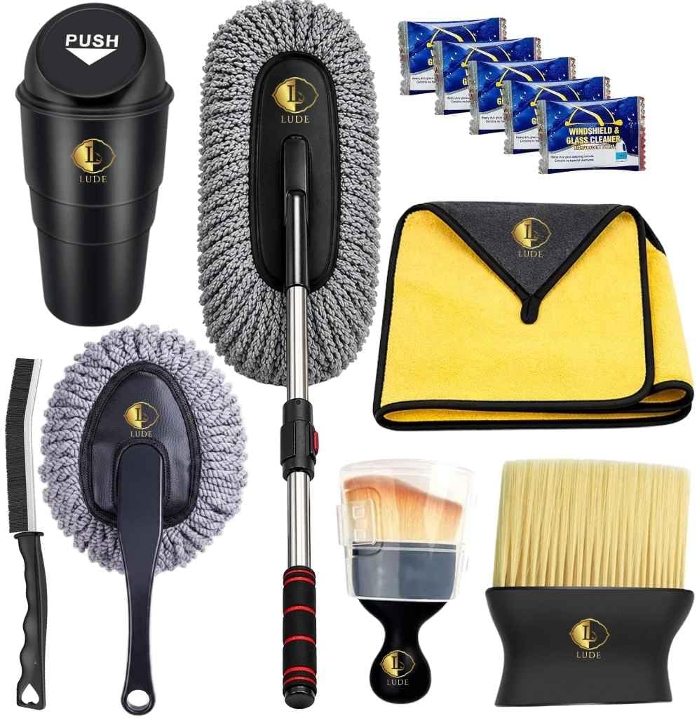 LUDE Car Cleaning Kit |Exterior Car Duster Microfiber Brush |Car Interior Cleaning Brush Set,Microfiber Cloth,Mini Car Dustbin |Free 5 Glass Cleaner Tablets|Car Cleaning Accessories 2026 Combo Set