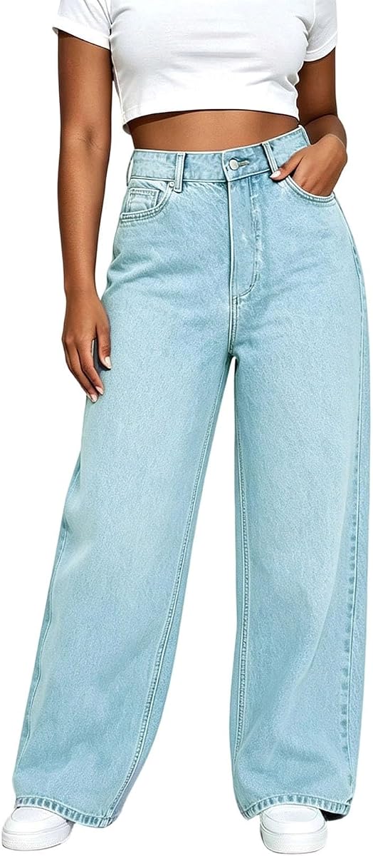 Wide Leg Jeans for Women High Waist Baggy Jeans Long Button Up Denim Pants Straight Leg Jean with Pockets