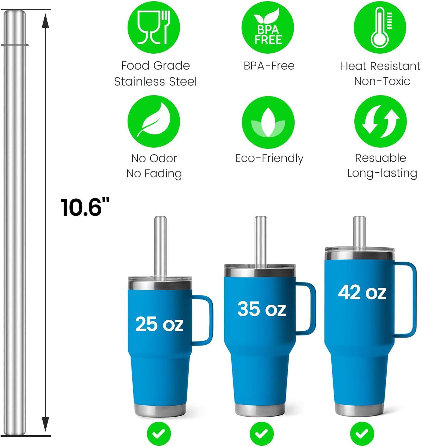 MIMORE Straws for YETI - 6 PCS 10.6" Metal Straws Resuable Compatible with YETI Straw Replacement 35 oz 42 oz