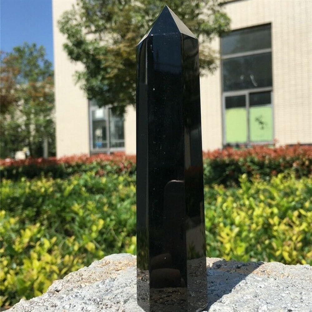 KJEBVHIRS Black Obsidian Hexagon Point Hand Polished Crystal Wand Column Stone Tower Decoration Ornaments (Size : 90-99mm)