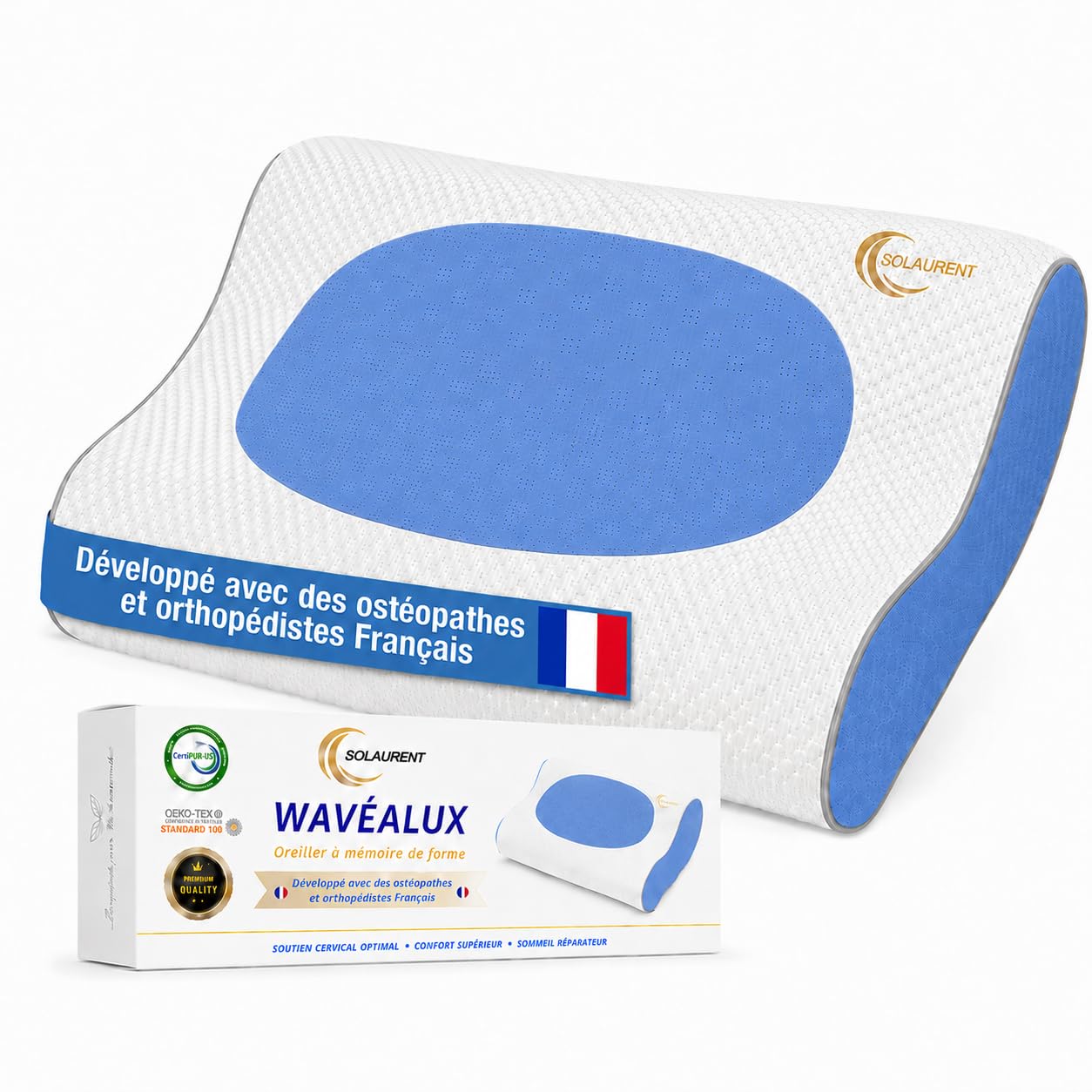 Wavéalux – Almohada ergonómica Cervical – Almohada ergonómica – Almohada ortopédica. 3 en 1 para la nuca y para las piernas. oekotex y certi-Pur (azul)