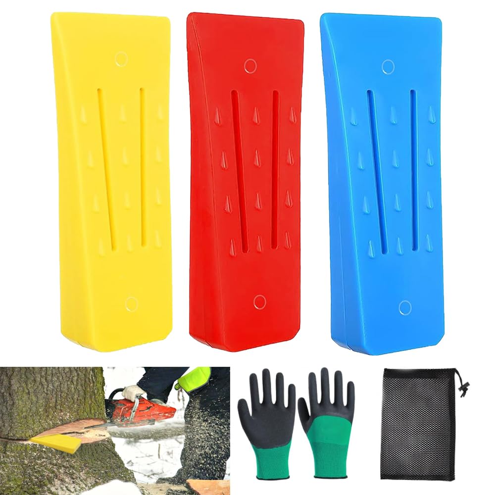 3 Pièces Cale d'Abattage En Plastique,Cales D'Abattage 6 Pouces Avec Gants Et Sac De Rangement,Coins D'Abattage D'Arbres Plastique Pour Abattage Contrôlé (Rouge, Bleu, Jaune)