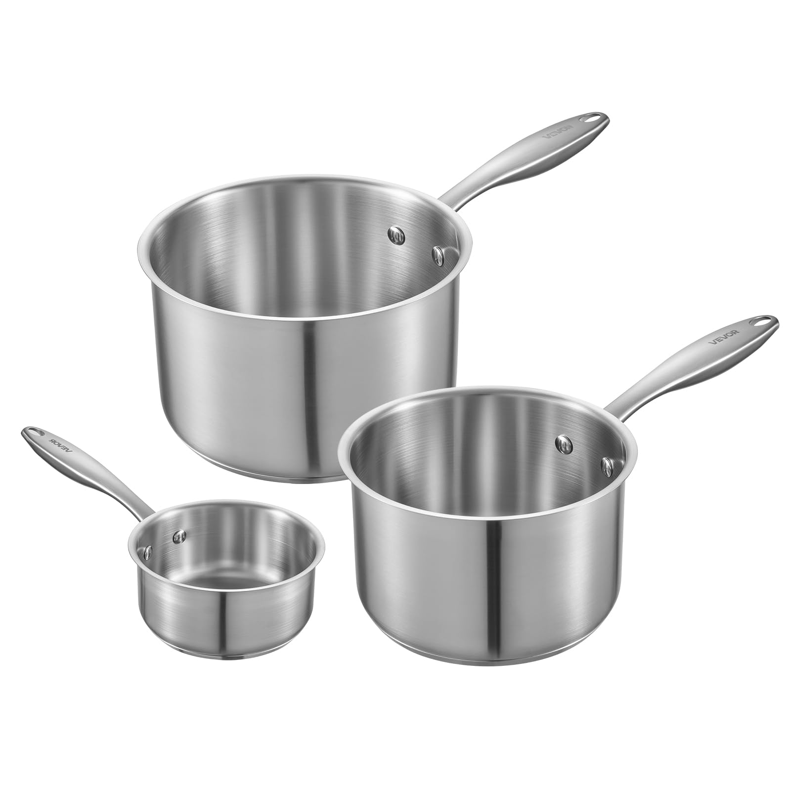 VEVOR Zestaw rondli ze stali nierdzewnej, 1 QT, 2 QT i 3 QT, ze szklanymi pokrywkami, wielofunkcyjny, nieprzywierający, ze stali nierdzewnej, z ergonomicznym uchwytem, przyjazny do piekarnika