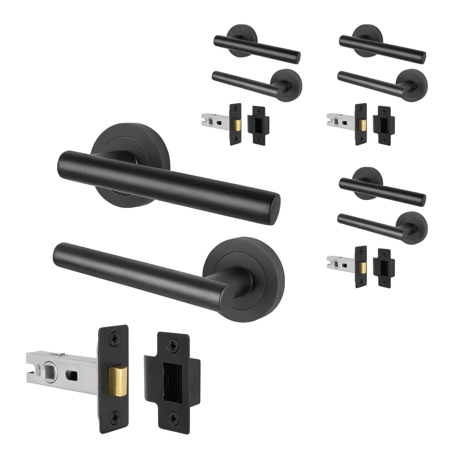 EAI Black Door Handles and Latch Set, 4 Pairs of Internal Matt T-Bar Round Rose Handles and Latch 64mm - Oliena Range