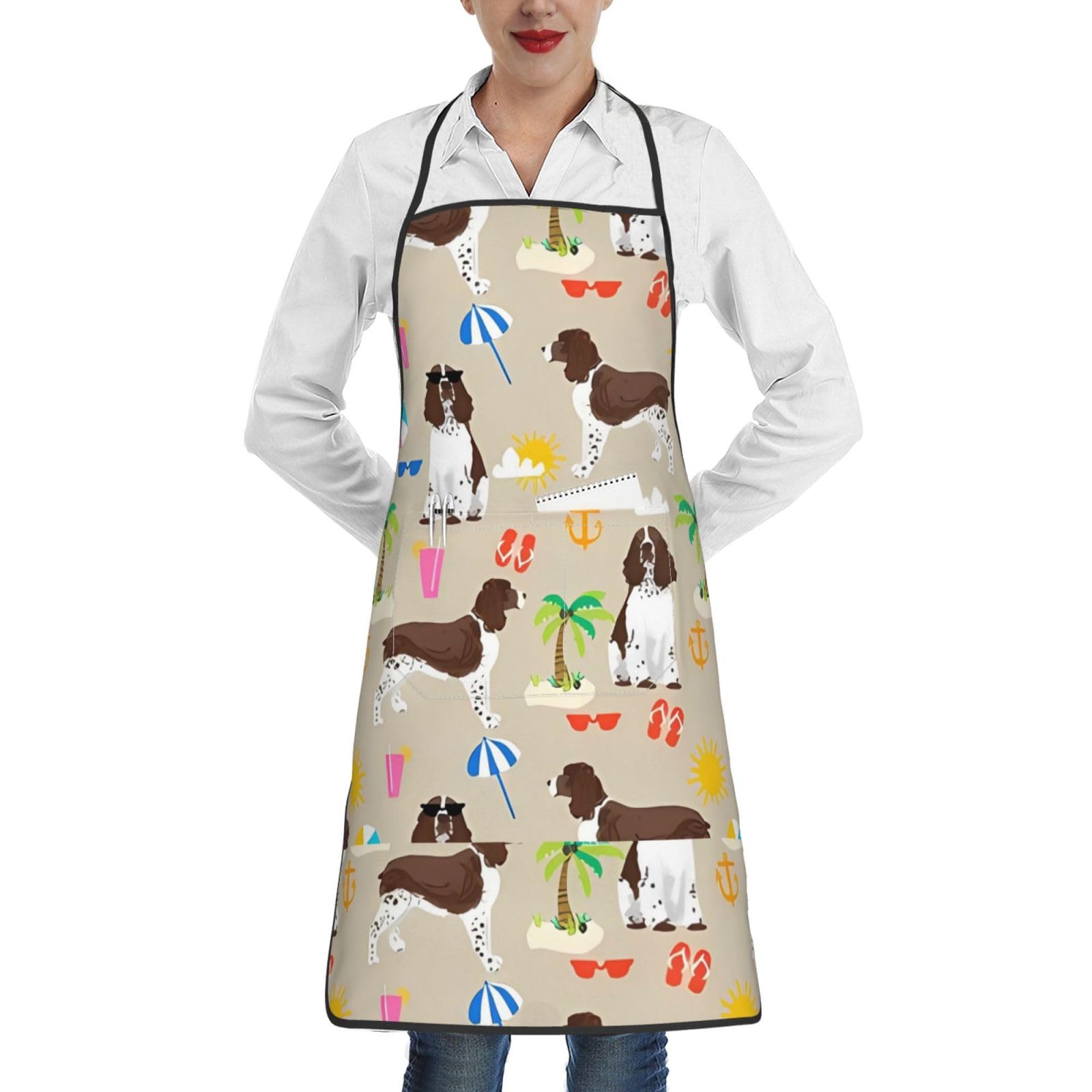 YsoLda Kitchen Aprons,Cooking Apron With Pockets,Waterproof Chef Apron Adjustable Bib Aprons,Springer Spaniel Beach Summer Tropical Vacation