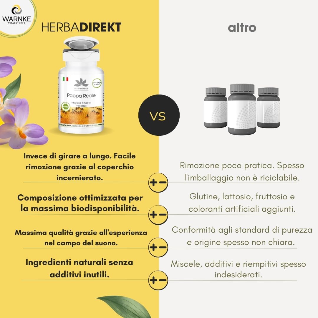 Pappa Reale fresca pura 500mg - Estratto da 2000mg Pappa Reale 4:1-90 Capsule | HERBADIREKT by Warnke Vitalstoffe - Qualità da farmacia tedesca