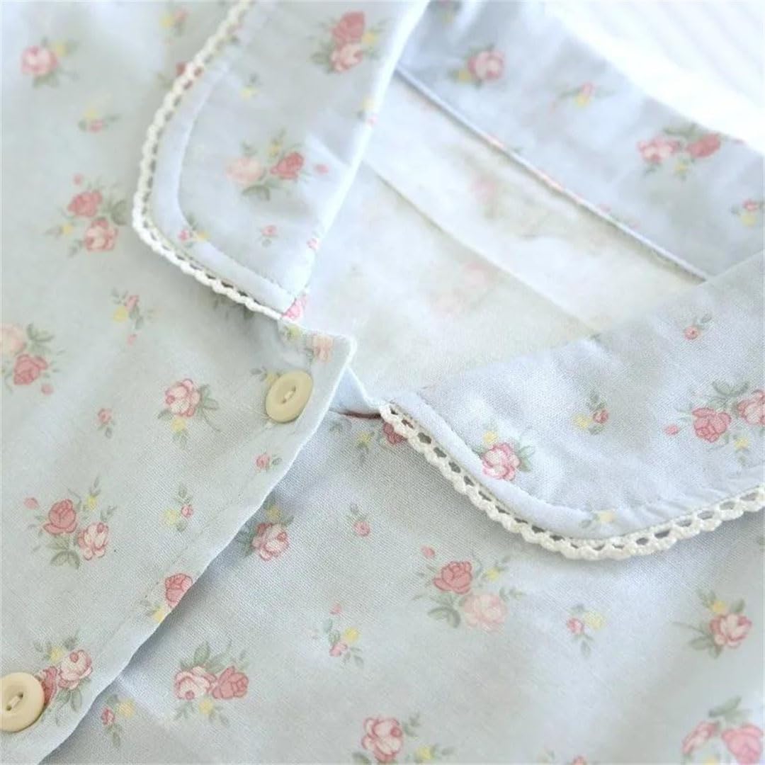Conjunto de pijama de gasa de algodón para mujer, con encaje floral, manga larga, pantalones de dormir