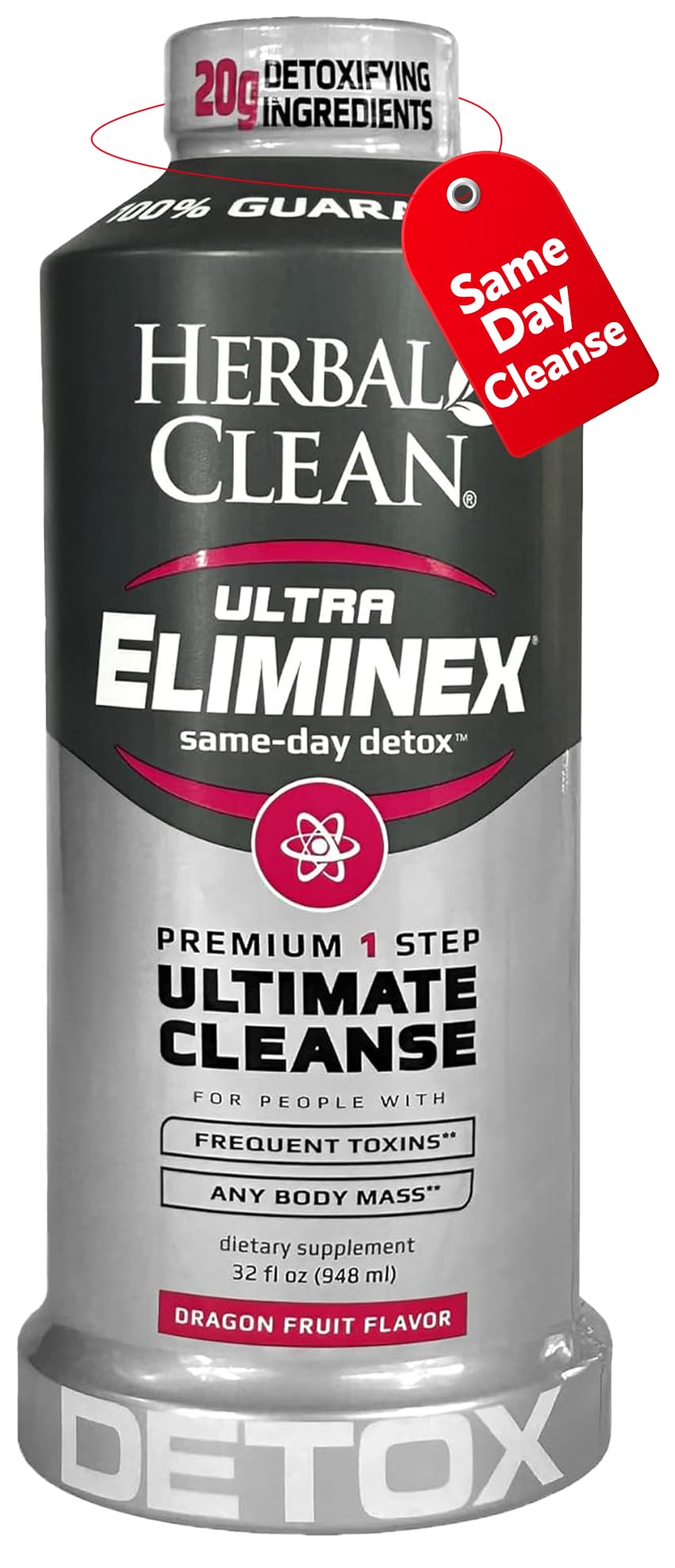 Herbal Clean Same Day Ultra Eliminex Detox Cleanse Drink* (32 fl oz) - Dragon Fruit Flavor Full Body Cleanse Detox Drink with Milk Thistle Seed* for high Toxin*, Vitamin B12 for Men & Women