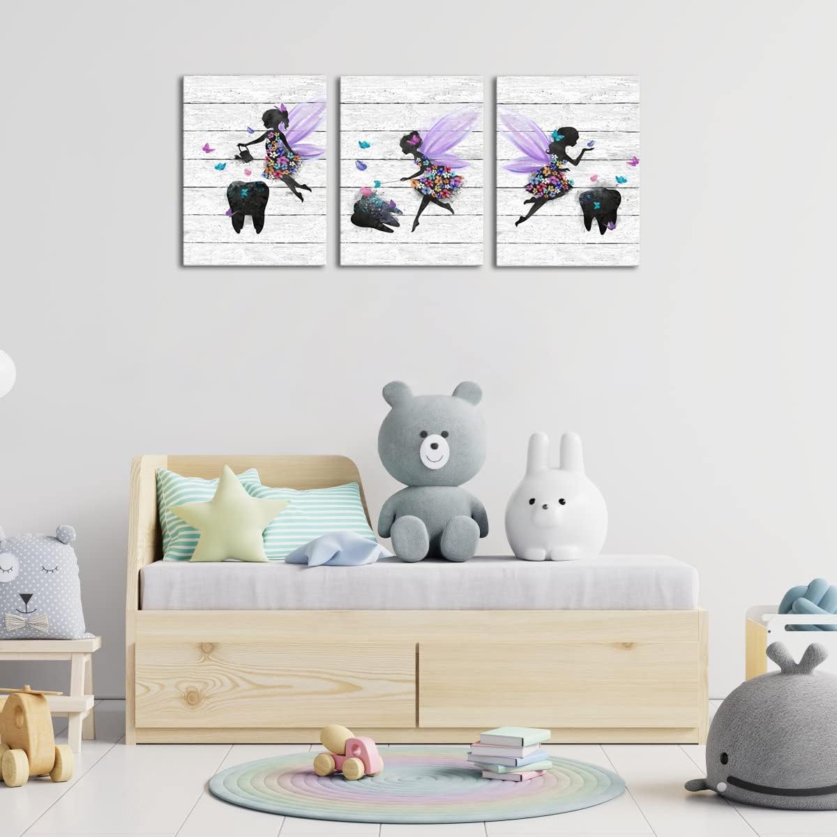 Apicoture Tooth Fairy Wall Decor - Kids Bathroom Wall Art Painting Prints For Little Girls Bathroom Picture Nursery Bedroom Dental Office Wall Framed 12in X 16in X 3panels