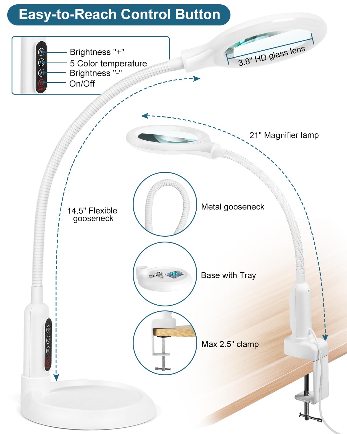 Lupa de 10 aumentos con luz y soporte, LED 5 modos de color, brillo de atenuación continua, lupa iluminada manos libres, lámpara de escritorio flexible con cuello de cisne con abrazadera para trabajos