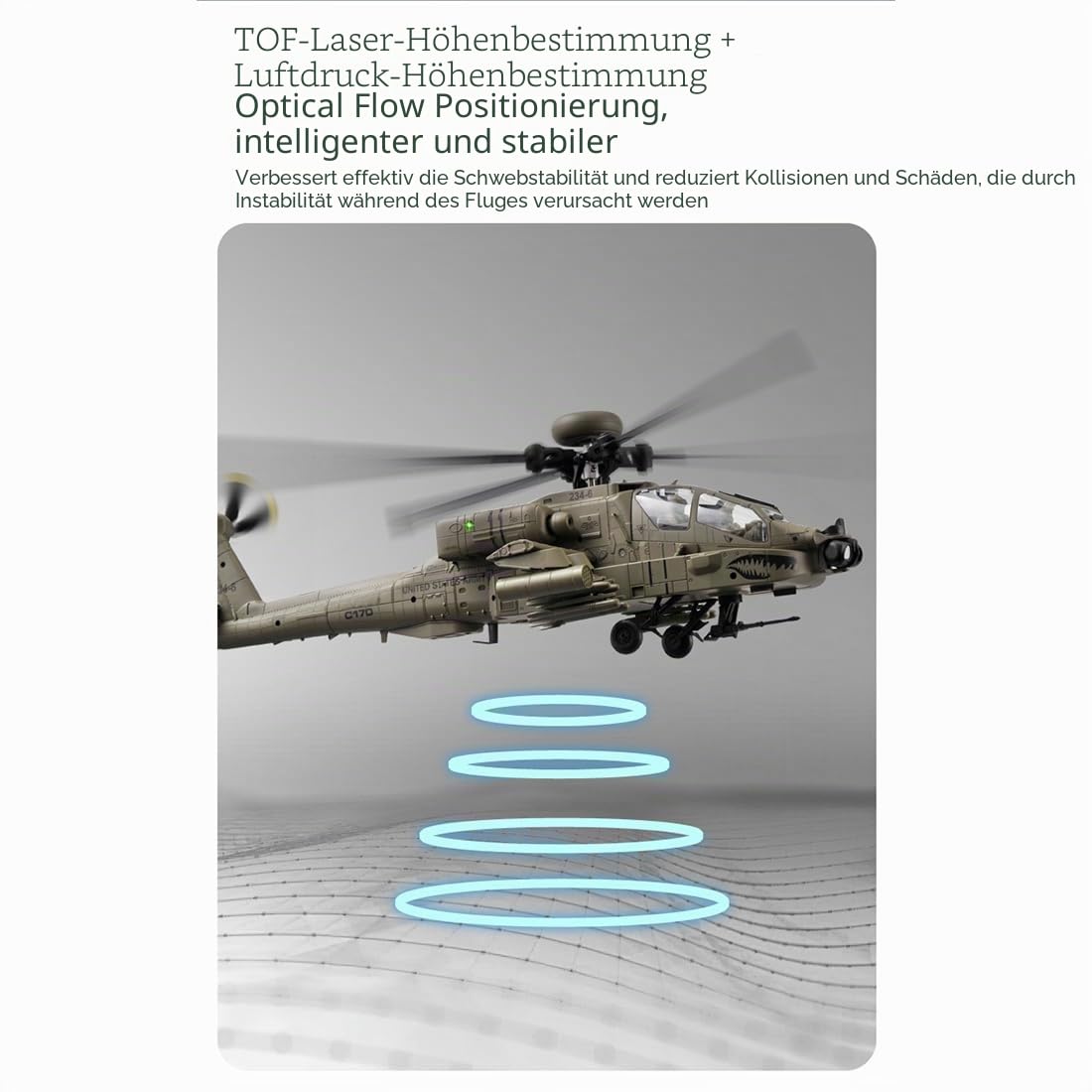 C170 AH-64D RC Hubschrauber im Maßstab 1:48 mit Ein-Tasten-Rückwärtsflug, 6-Kanal Flybarless Brushless RC Helikopter mit optischem Fluss und TOF-Höhenhaltung für Modellbauer - Armeegrün / 4 Batterie