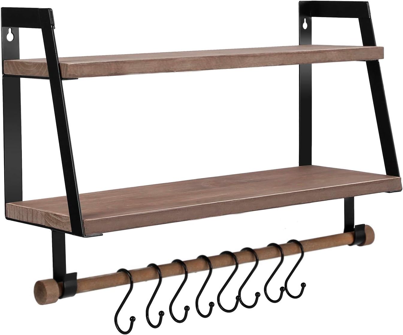 Wall Shelves Wood Storage Shelves with Towel Bar, Floating Shelves Rustic 2 Tier Bathroom Shelf Kitchen Spice Rack with Hooks for Bathroom Kitchen Utensils