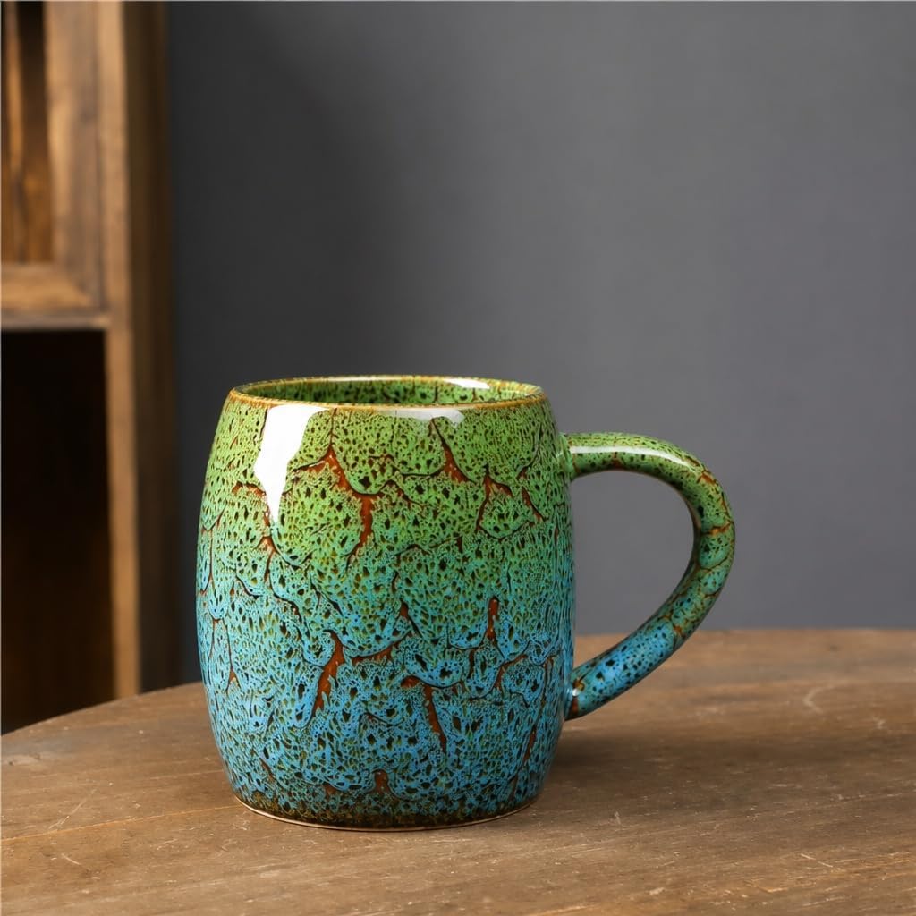 21oz Large Handmade ceramic Mug, Big Ceramic Tea Cup, Durable and Heavy Microwave and Dishwasher Safe Pottery Coffee Mug with Handle, Reactive Glaze Stoneware Clay coffee mug (Green)