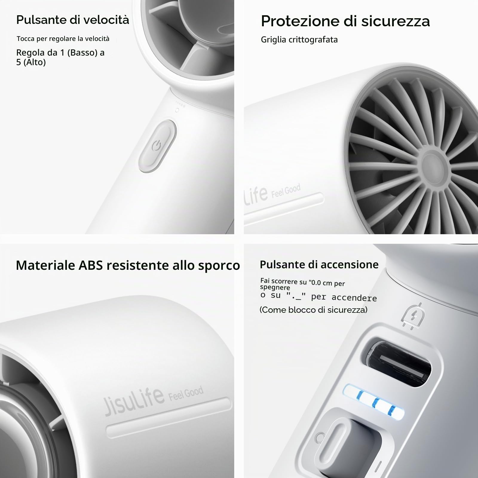 JISULIFE Ventilatore portatile, 4000 mAh, mini ricaricabile, fino a 22 ore, 5 velocità, USB per viaggi, campeggio all'aperto, spiaggia